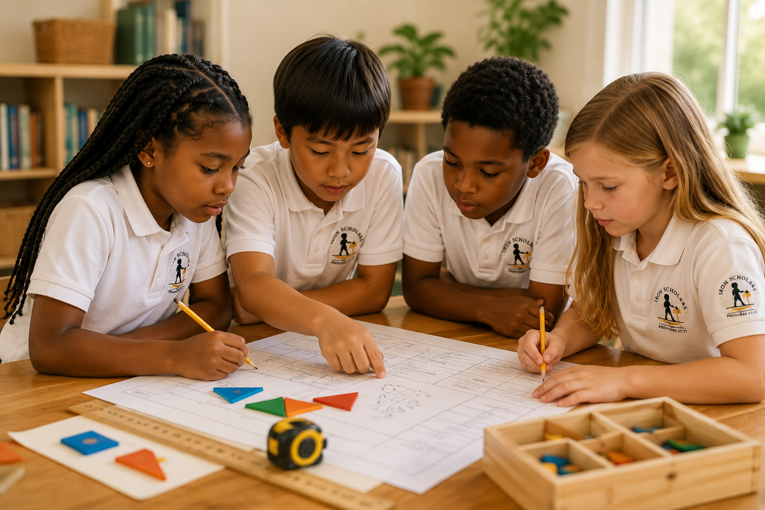 Four Iron Scholars scholars collaborating around a table with math and project materials