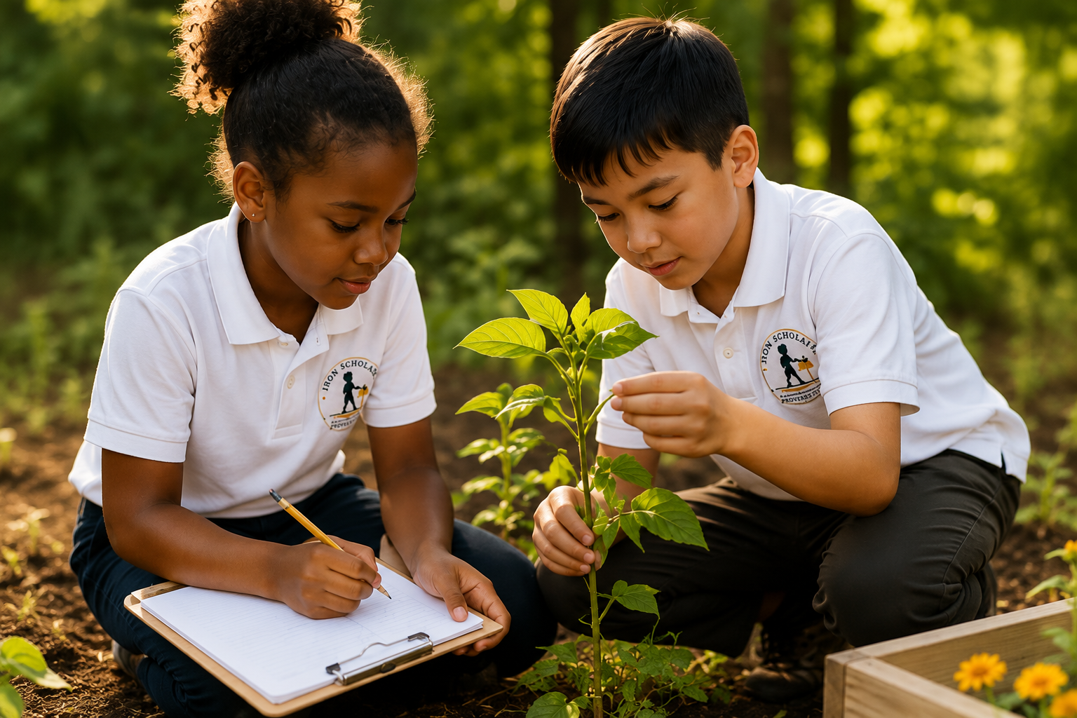 Two Iron Scholars scholars studying a plant outdoors while one takes notes