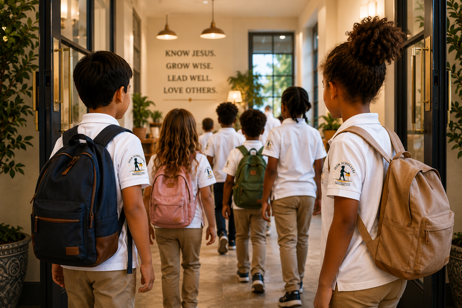 Iron Scholars scholars in white polos with backpacks walking into the learning environment